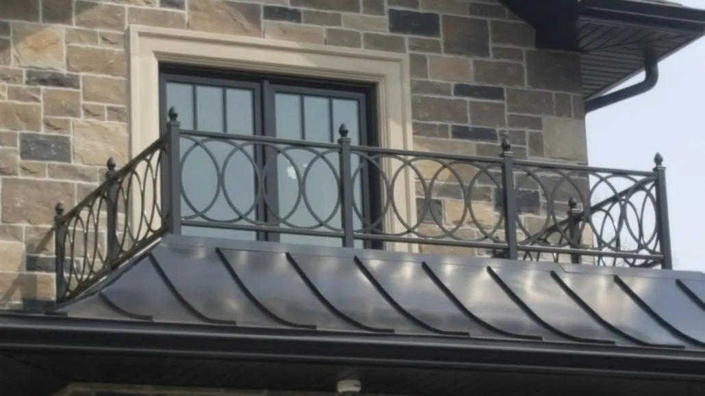 Black iron railing with a row of circles and scroll ends across French doors, above a standing-seam metal bay roof